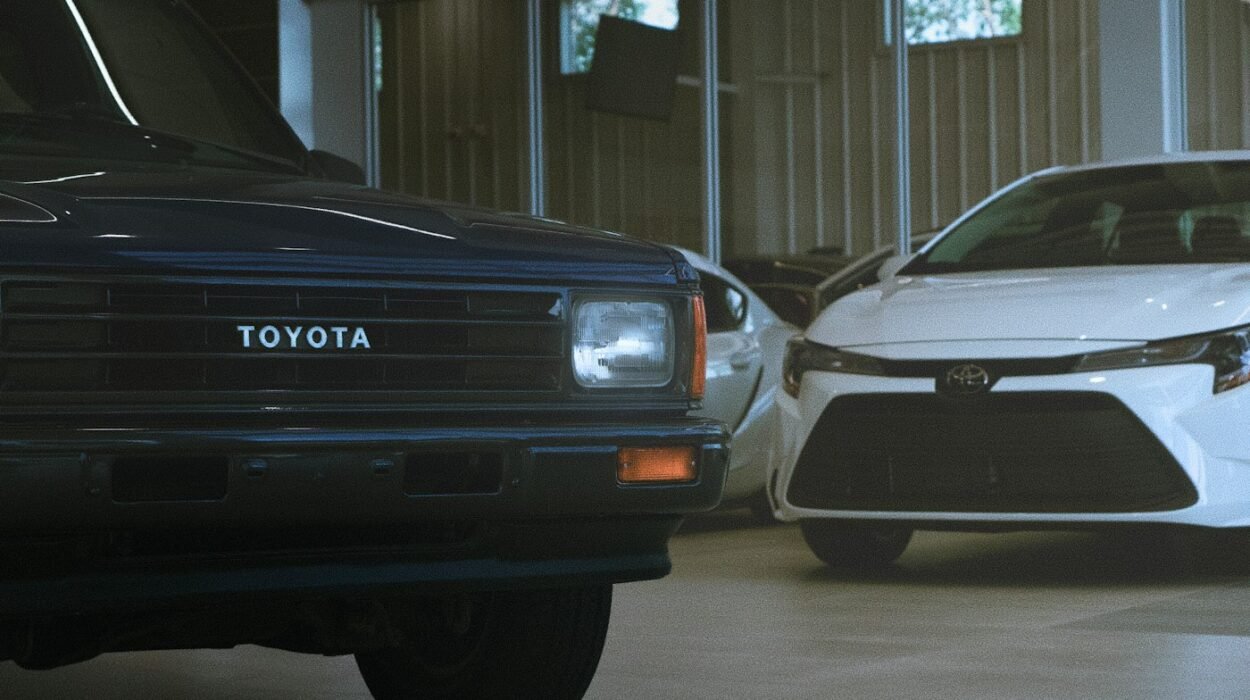 An older Toyota pickup and a white Toyota saloon parked in a car showroom