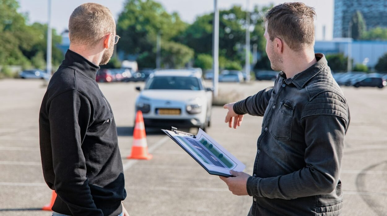 Driving examiner with a clipboard beside a car