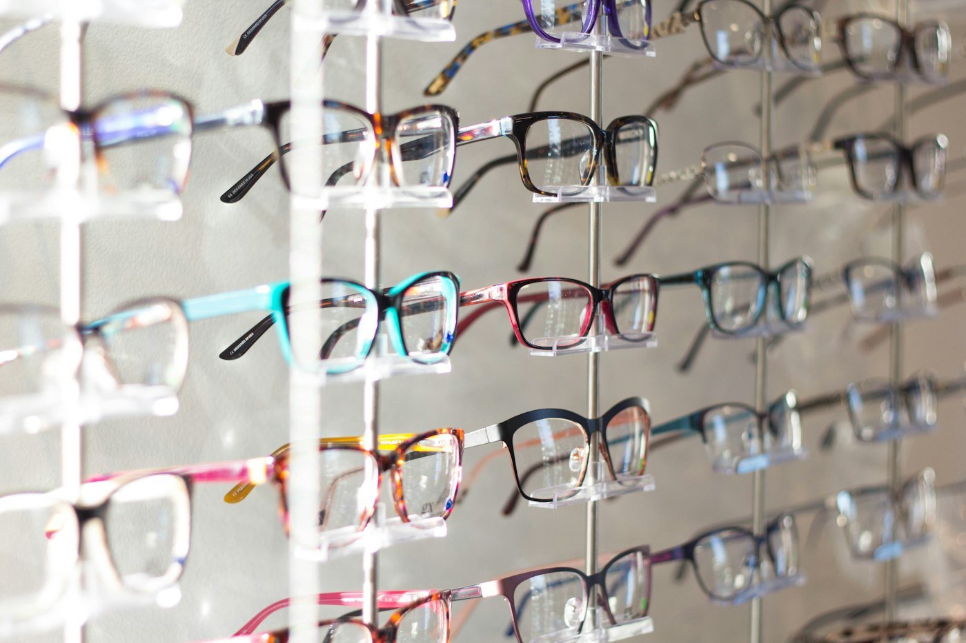 Glasses frames on display at an optician