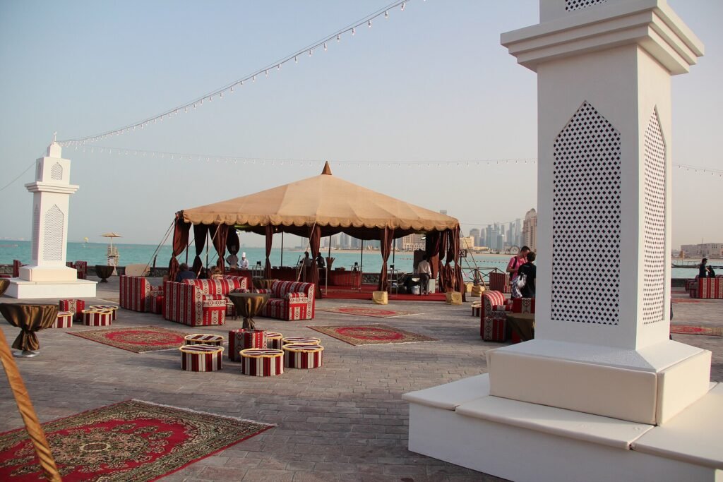 Traditional outdoor majlis seating by the sea at Katara