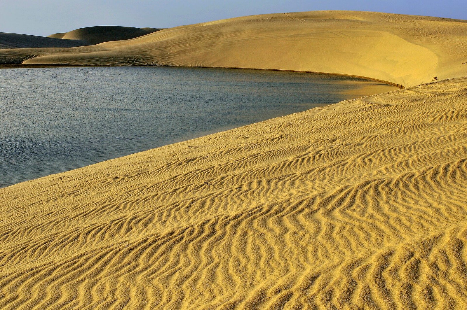 Sand dunes running down to the water at Khor Al Adaid