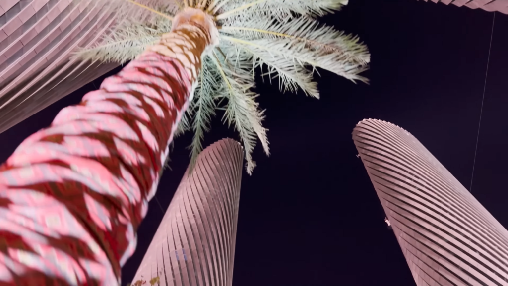 Upward view of Lusail Plaza Towers from Lusail Boulevard