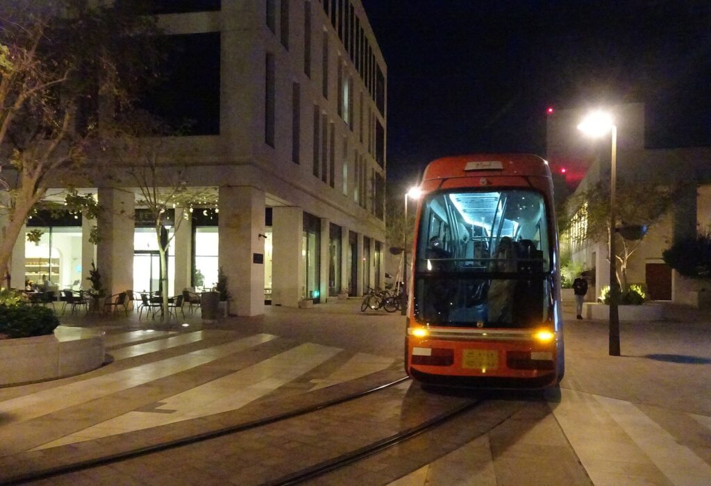 Msheireb Downtown Doha tram at night