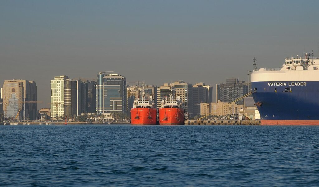View of boats docked at Doha Port in