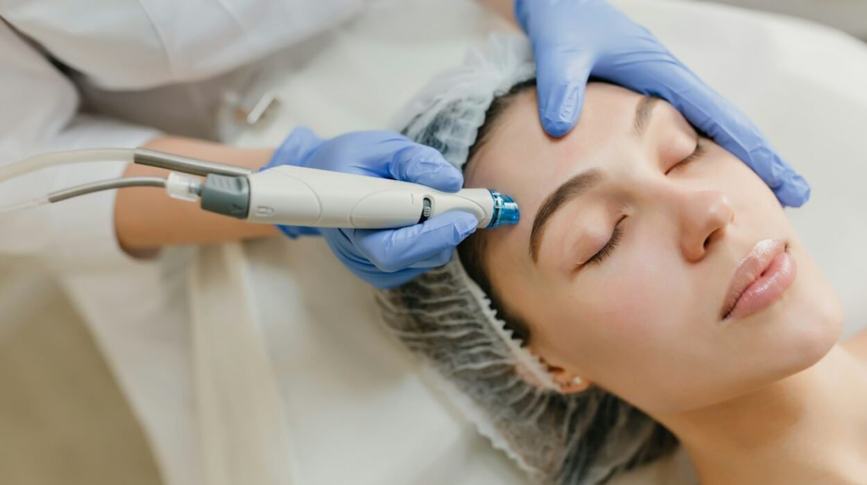 A clinician in blue gloves using a handheld skin treatment device on a woman's face