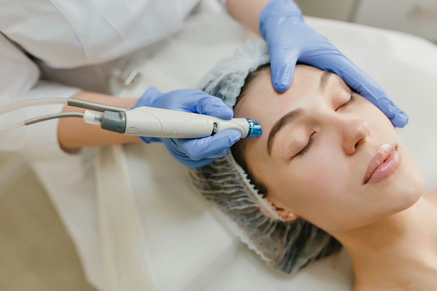 A clinician in blue gloves using a handheld skin treatment device on a woman's face